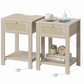 End Table Set of 2 with Charging Station, Bed Side Tables Set with Drawer, Storage Shelf for Living Room, Natural Wood