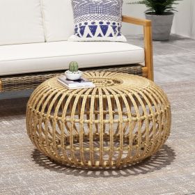 OTTAWA Coffee Table-Bohemian Faux Rattan Weave Accent Table for Indoor Outdoor Use, Handcrafted Round Side Table for Living Room, Patio, Garden