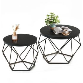 Small Round Coffee Table Set of 2, Nesting Side Tables for Living Room or Bedroom, Modern Accent End Tables,Black