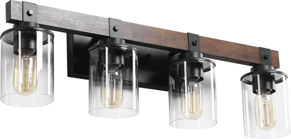 27" Rustic 4-Light Vanity Light, Industrial Bathroom Wall Sconce with Glass Shades and Wood Accent, Modern Farmhouse Lighting Fixture (No Bulbs)