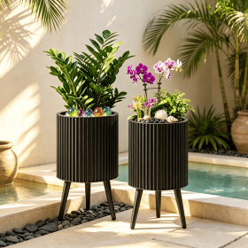 et of 2 Decorative Flower Pots with Stand And Drainage Holes - Indoor Outdoor Plant Pots with Stand for Home Decor