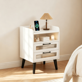 mid Century Modern Nightstand with Charging Station And LED Lights Bedroom Side Table with USB Ports And Reading Lamp