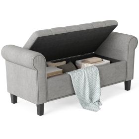 50 Inches Storage Ottoman, End of Bed Bench with Rolled Arms, Wood Legs, Button Tufted Storage Bench, Gray