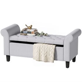 47" Storage Ottoman Bench, Tufted End of Bed Bench with Rolled Arms, Safety Hinge, Wood Legs for Bedroom, Light Gray