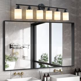 39" Modern 6-Light Vanity Bathroom Mirror Light, Frosted White Glass with Black Iron Frame, Contemporary Wall Sconce for Bedroom, Bathroom