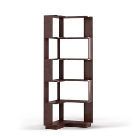 6 Tier Freestanding L-Shaped Corner Bookshelf For Living Room, Bedroom, Wooden Bookcase with anti-drop panle & anti tipping device, Display shelf (Color: Oxblood Red)